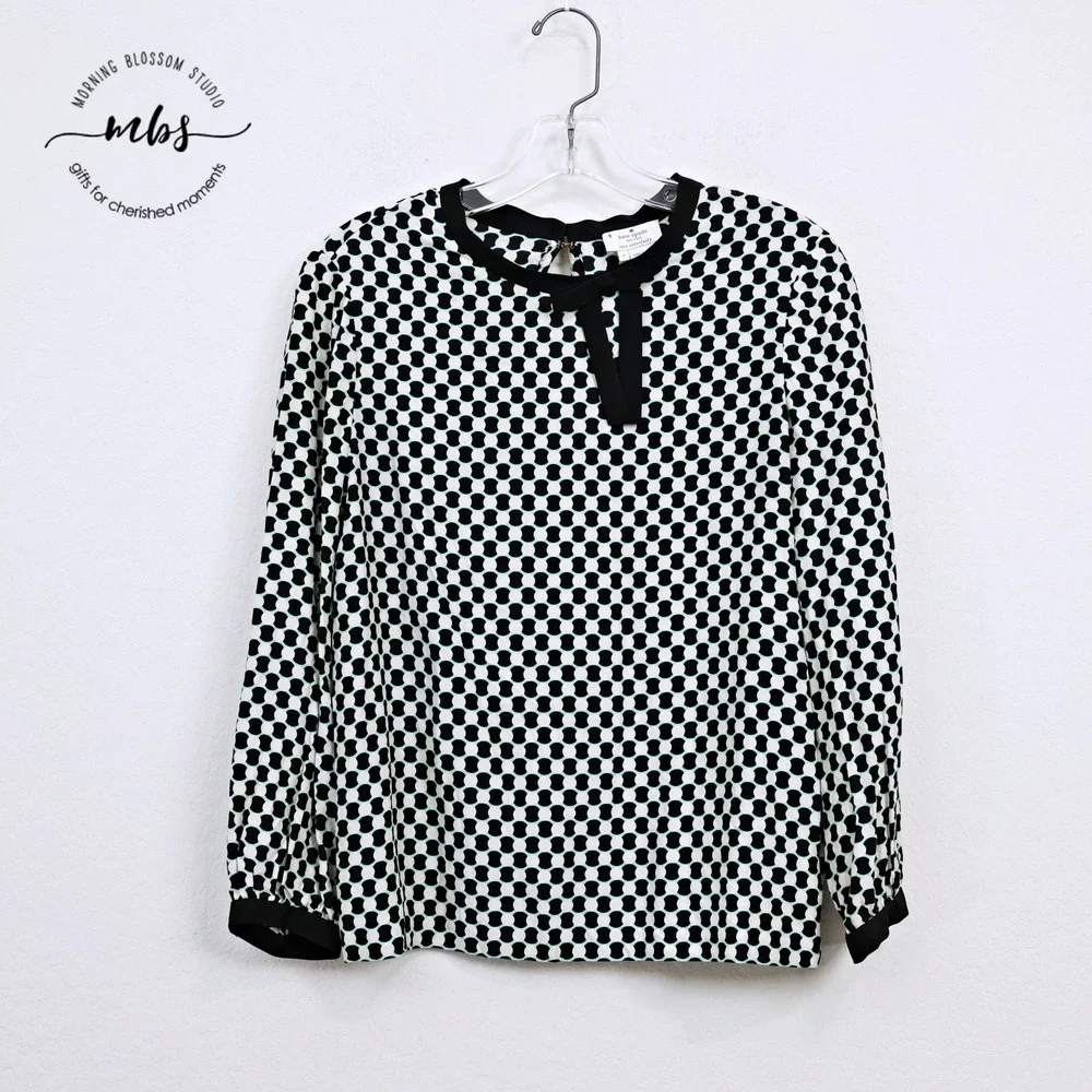Kate Spade Geometric Dot‎ Bow Neck Silk Blend Blouse Black White Green Women S